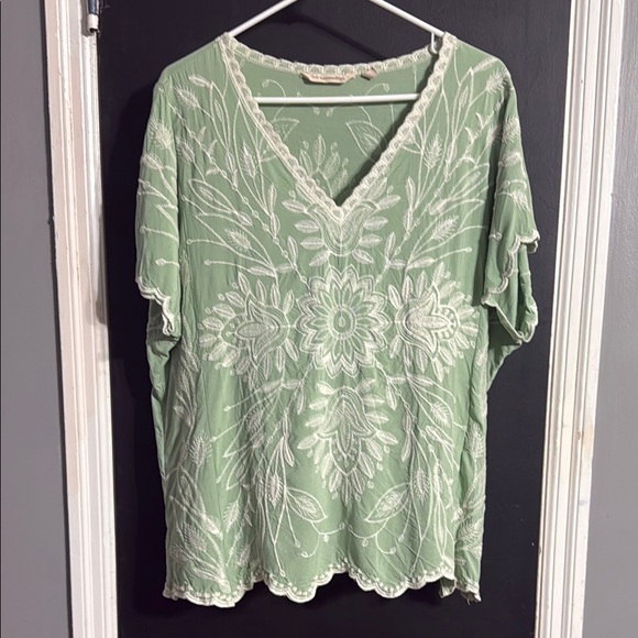 Soft Surroundings Green and White Embroidered Blouse Sz 1X - Picture 1 of 5